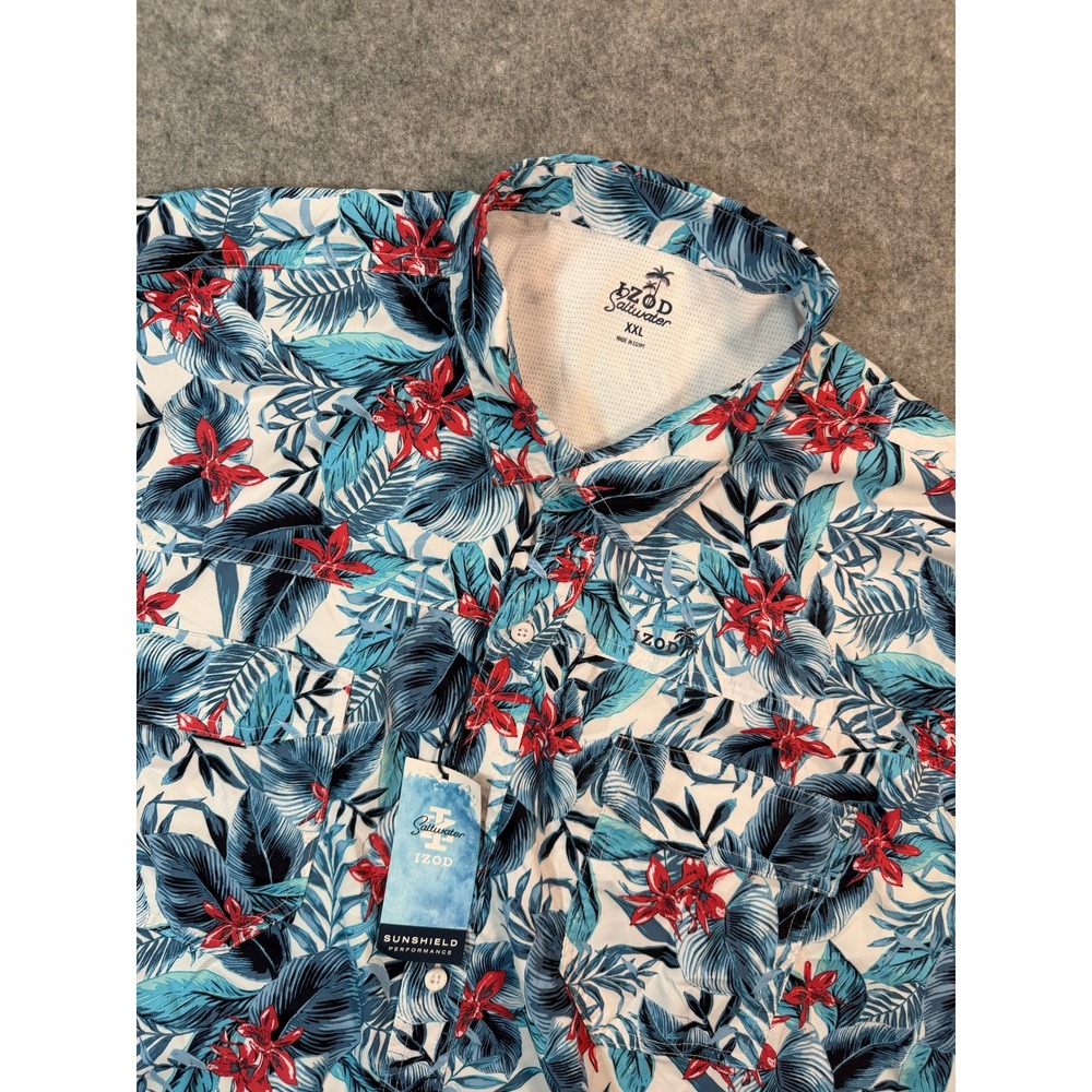 IZOD Saltwater Sunshield Performance Shirt XXL Mens Blue Red Tropical Floral NEW